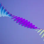 An abstract DNA like art piece in hues of blue, purple, and yellow