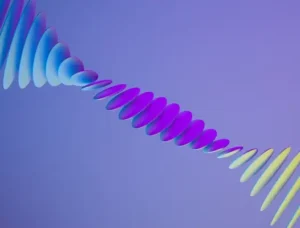 An abstract DNA like art piece in hues of blue, purple, and yellow