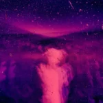 An abstract ghostly figure in various shades of purple