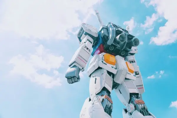 A rear view shot of the gundam statue at diver city, odaiba