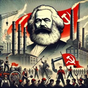 An illustration representing Marxism, featuring Karl Marx standing in front of an industrial landscape with workers holding tools and banners