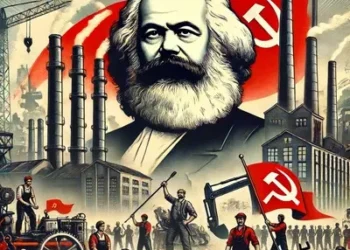 An illustration representing Marxism, featuring Karl Marx standing in front of an industrial landscape with workers holding tools and banners