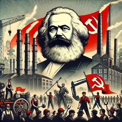 An illustration representing Marxism, featuring Karl Marx standing in front of an industrial landscape with workers holding tools and banners