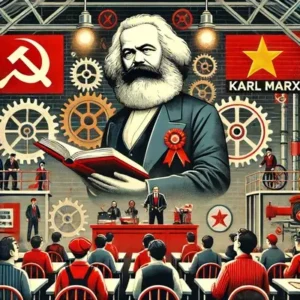 An illustration representing Marxism with a focus on Karl Marx's teachings. Karl Marx is depicted reading from a book to a group of attentive workers