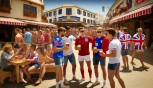 British tourists in football shirts holding beers