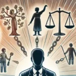A conceptual illustration showing an individual at the center surrounded by representations of different social institutions.