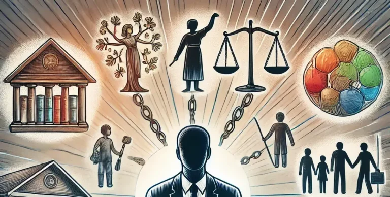 A conceptual illustration showing an individual at the center surrounded by representations of different social institutions.