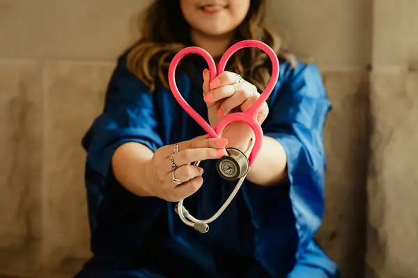 A medical and health social worker holding a stethoscope in the shape of a heart