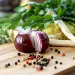 A raw onion on a chopping board