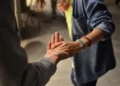 A social worker holding hands with a service user