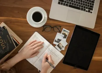 A hand writing in a journal on a wooden table