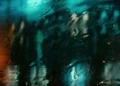An abstract shot resembling a reflection in a puddle at night