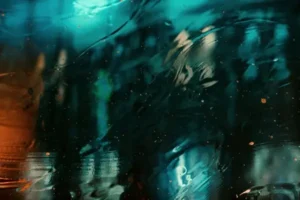 An abstract shot resembling a reflection in a puddle at night