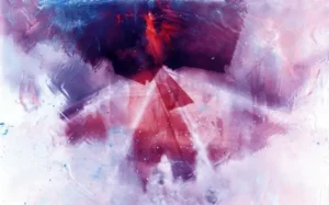 An abstract image of triangles in blues, purples, and reds.