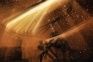 Abstract orange light shafts and flecks