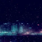 an abstract image of a blurred city at night viewed through raindrops on a window