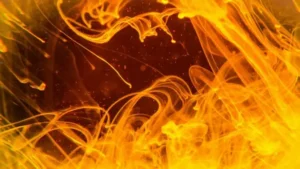 An abstract artwork in deep oranges resembling lava