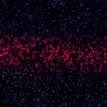 An abstract image of pink objects in space
