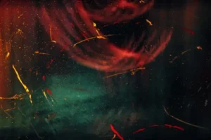 Green and red abstract art resembling ceiling drapes