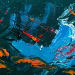 An unusual abstract art work in various shades of blue and orange