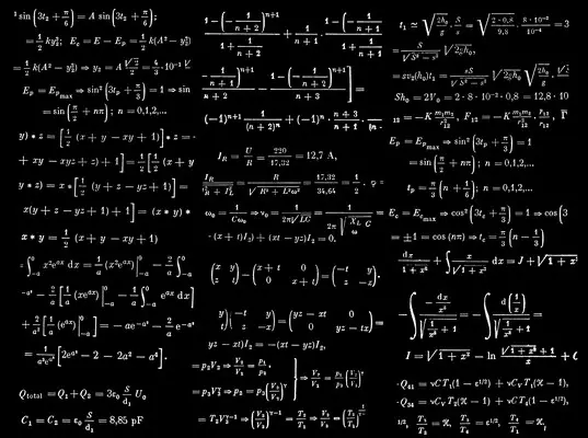 A large formula or collection of formulas written in chalk on a blackboard