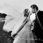 A black and white wedding photo