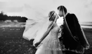 A black and white wedding photo