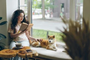 A woman reading a book in the window recess with her dog.