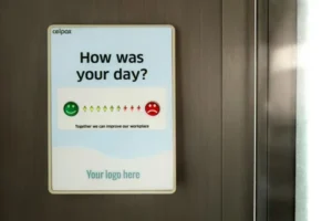 An automated public opinion collecting machine which asks the question 'how was your day?'.