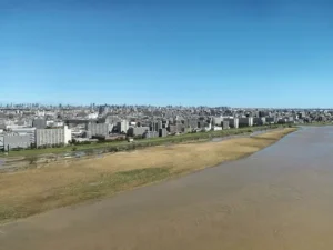 An aerial shot of high rise beachfront properties