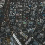 An aerial shot of a gloomy city