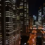 A metropolitan area in a a city at night