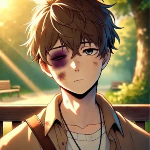 An anime-style illustration of a young man with a bruised black eye, showing subtle emotional depth in his expression. He has short, slightly messy hair.