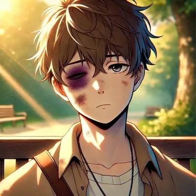 An anime-style illustration of a young man with a bruised black eye, showing subtle emotional depth in his expression. He has short, slightly messy hair.