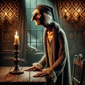 An imaginative depiction of Ebenezer Scrooge from Charles Dickens' 'A Christmas Carol.' The image features a slender, elderly man with a sharp nose an