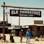 A western image of Old Tombstone Western Town with two cowboys walking under the sign