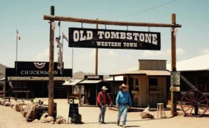 A western image of Old Tombstone Western Town with two cowboys walking under the sign