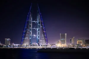The Bahrain World Trade Centre at night